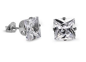 Sterling Silver Clear Rhodium Finish CZ Stud Earrings Square Princess Cut Fine
