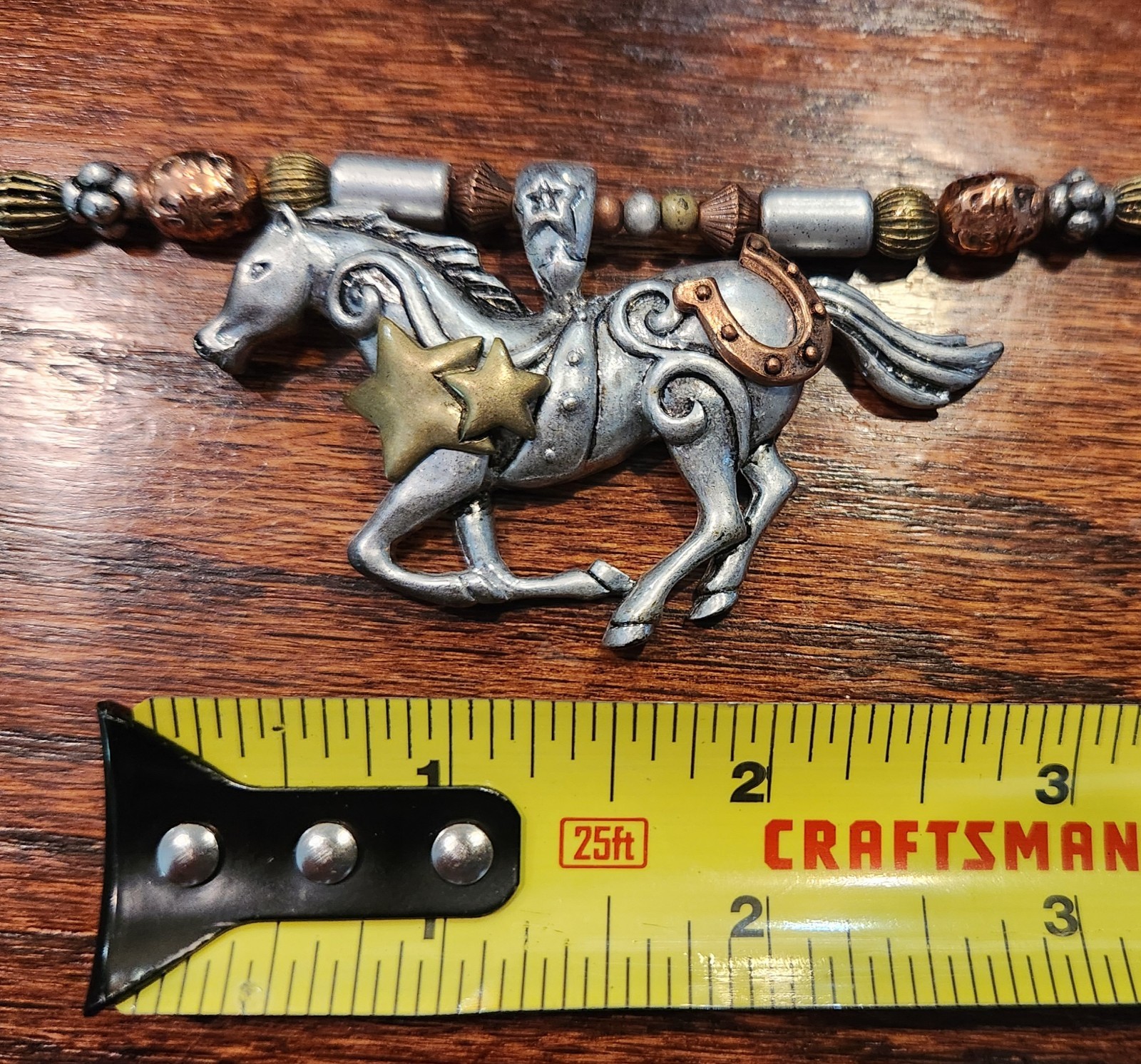 Beaded Copper/Silver Tone Whimsical Horse Necklace, Boxed