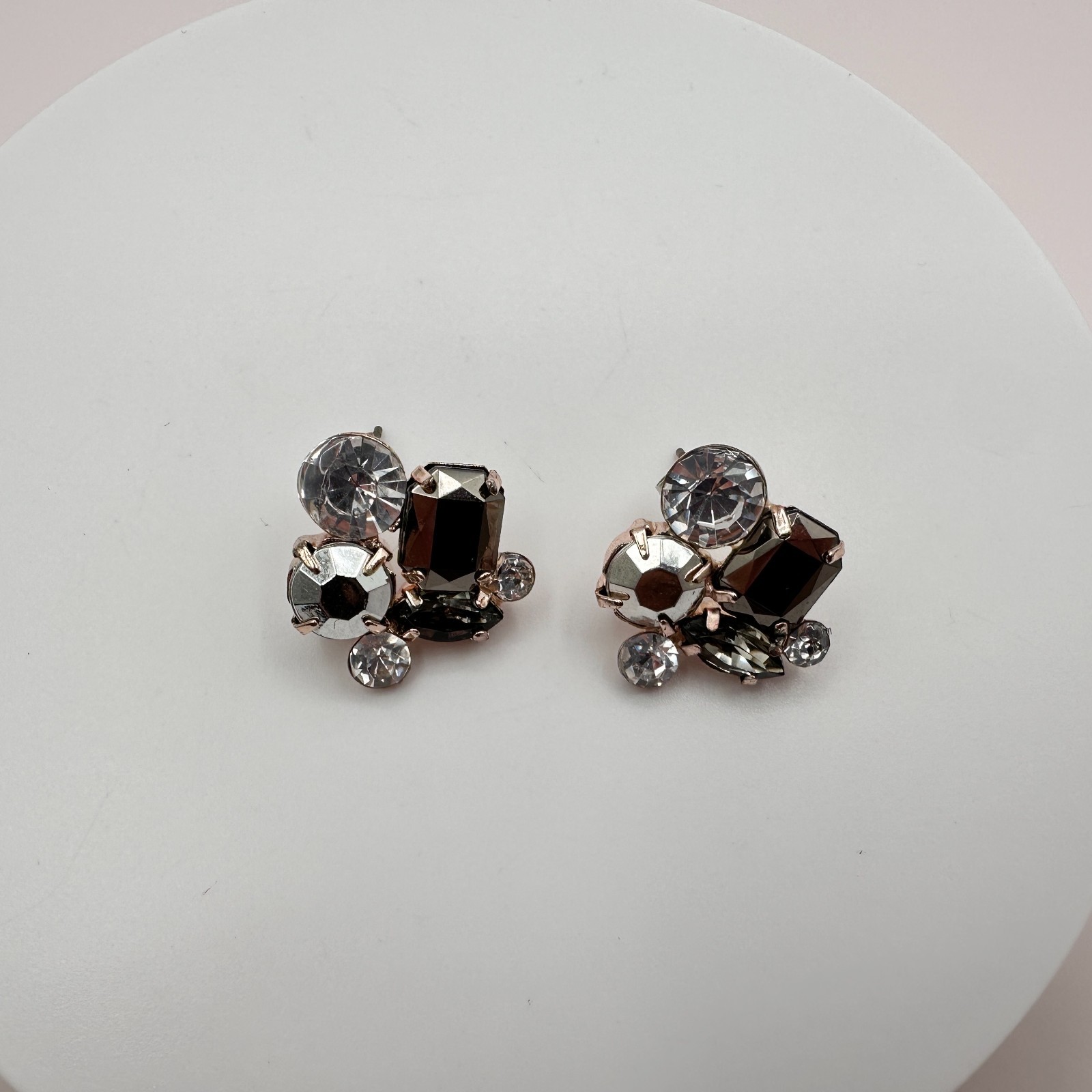 Vintage 80s Smoky Crystal Cluster Stud Earring Rose Gold Tone Statement Jewelry