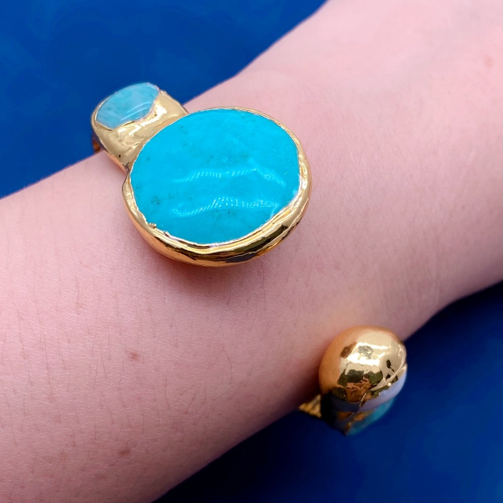 Cultured White Pearl Blue Turquoise Green Amazonite Gold Plated Bangle Bracelet