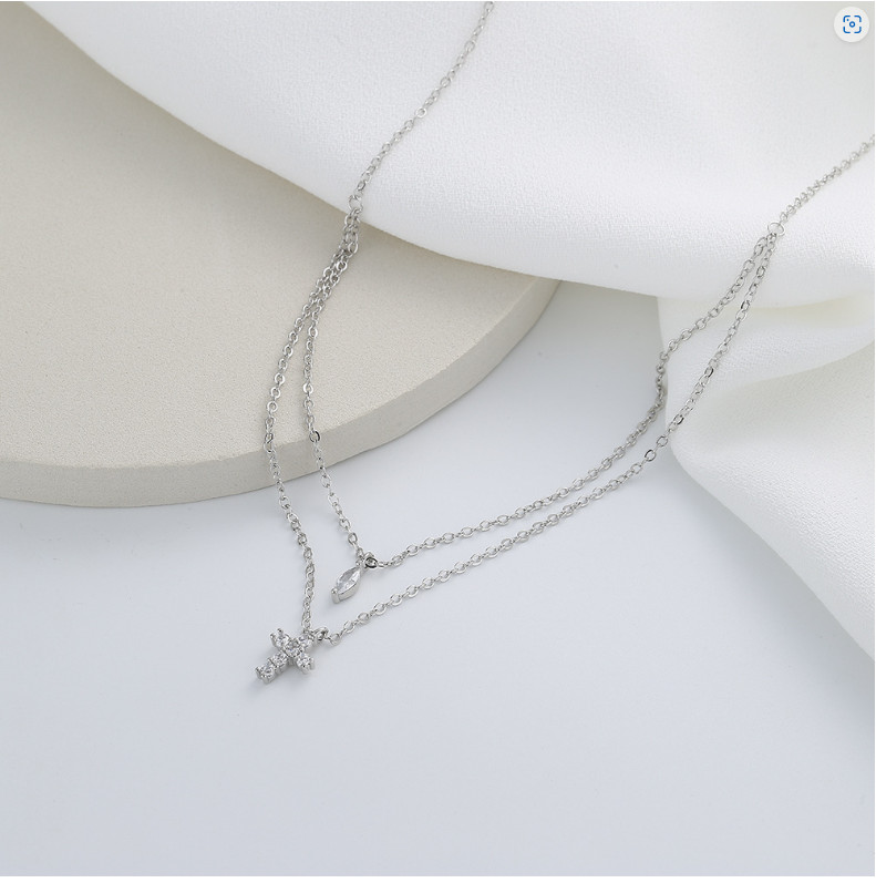 Silver Plated Double layers CZ cross pendant choker necklace 16-18″ K59