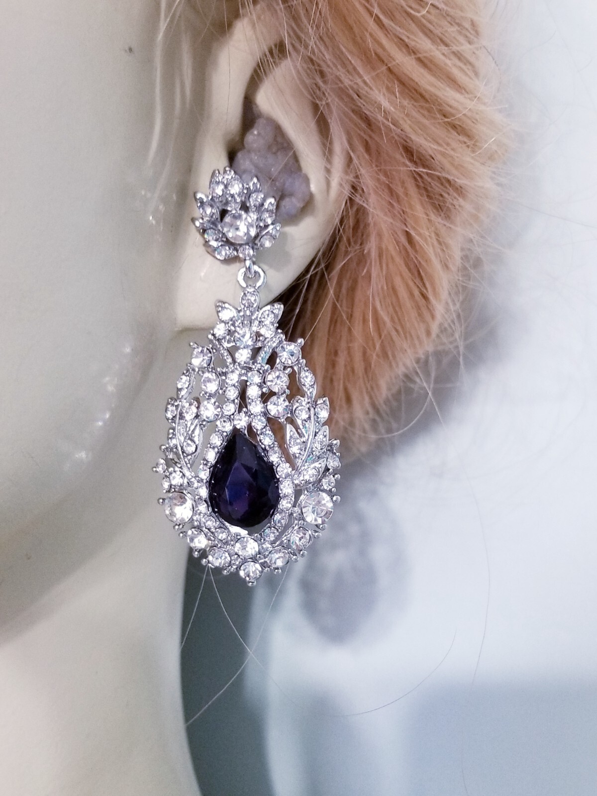 Chandelier Rhinestone Crystal Pageant Bridal Earrings Purple Drop Dangle 2.5 In