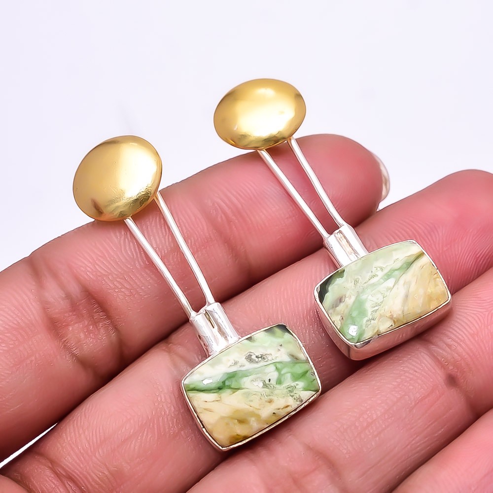 Chrome Chalcedony 925 Sterling Silver Two Tone Earring 1.64″ E40, Christmas Gift