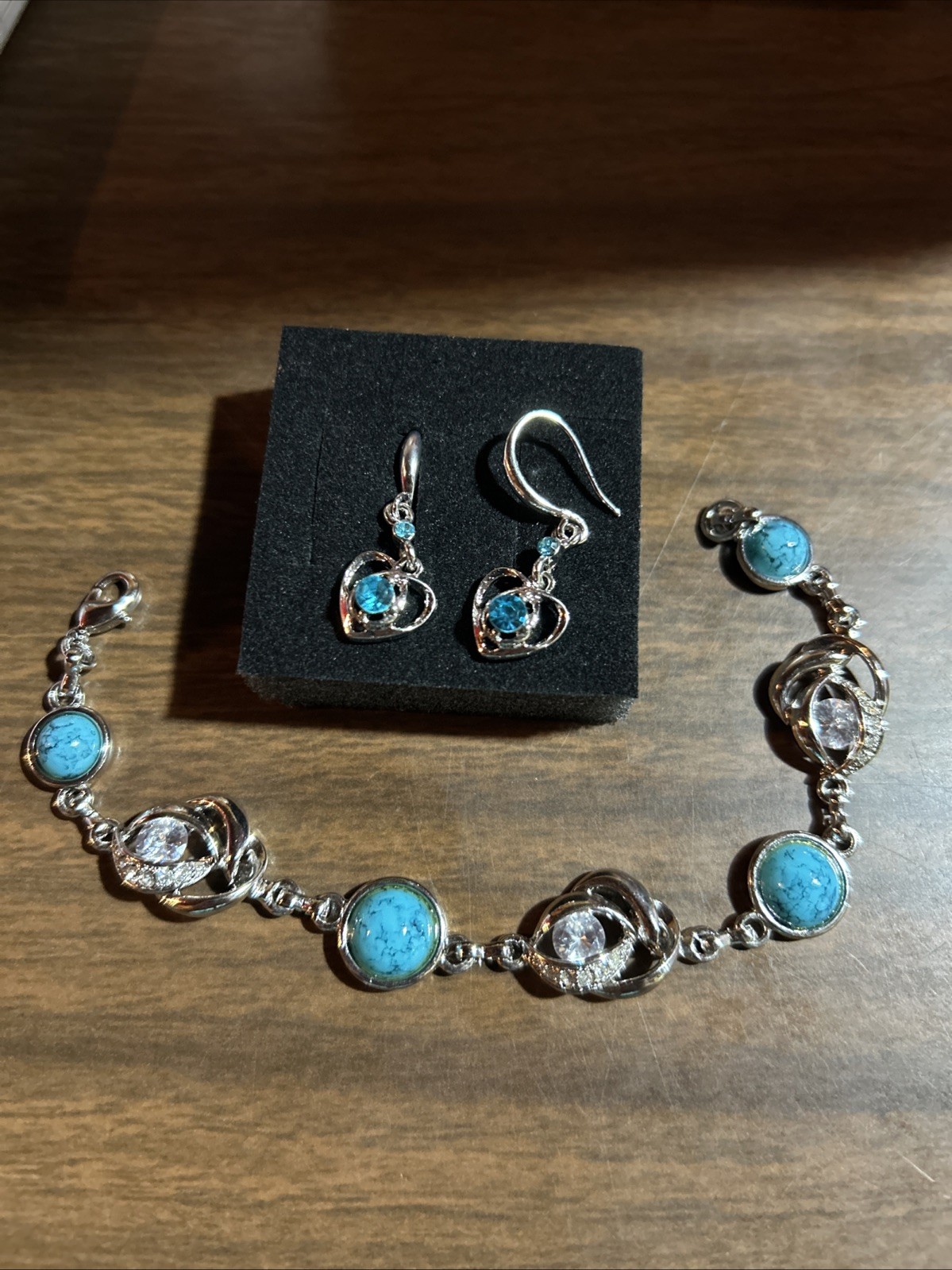 Faux Turquoise CZ Stone Silver Tone Bracelet &CZ Heart Silver Hook CZ Earrings