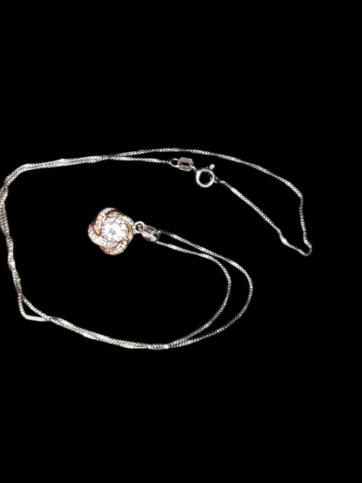Sterling Silver CZ Cubic Zirconia Two Tone Love Knot Pendant Necklace 18″ Box