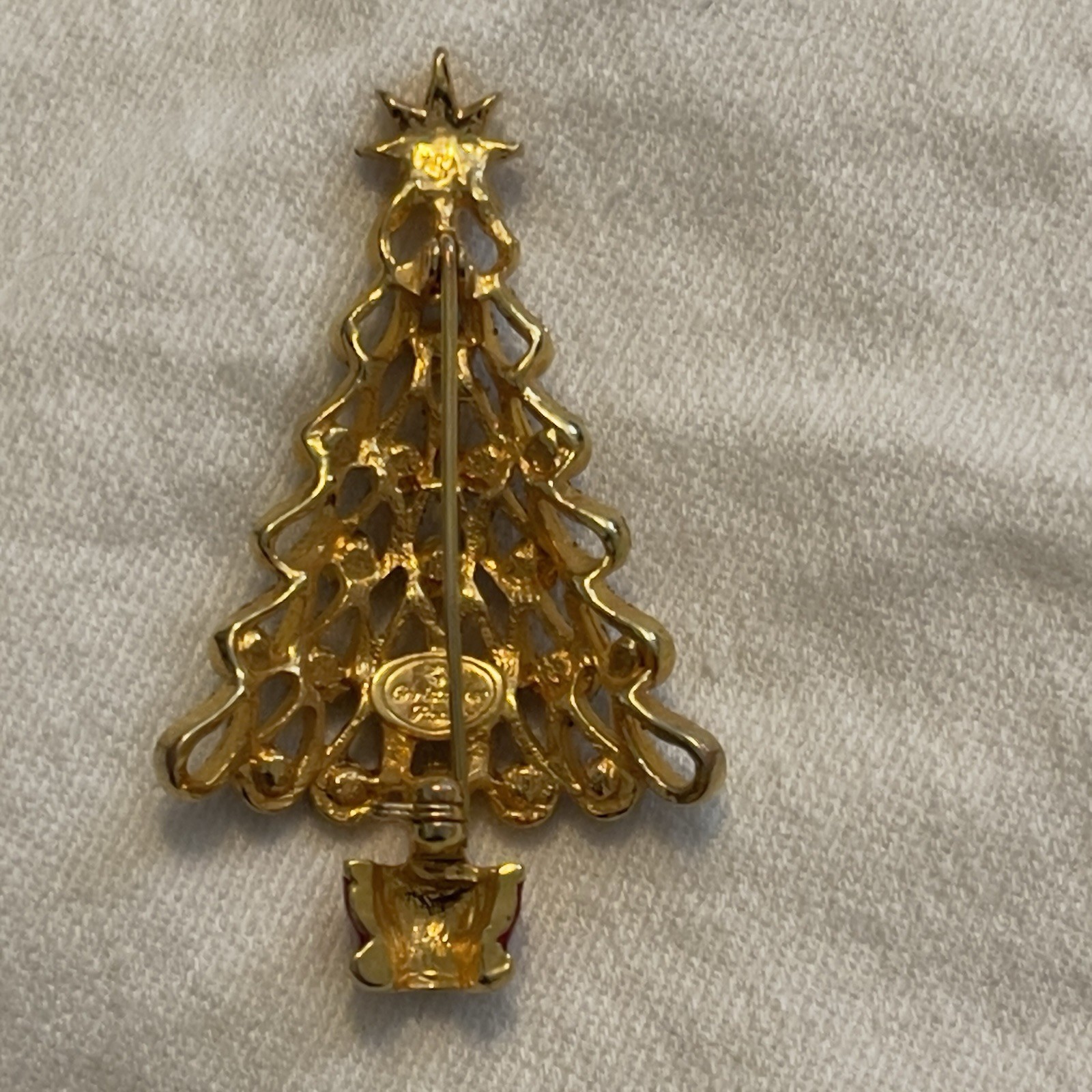 Vintage Christopher Radko Christmas Tree Brooch Pin Shiny Brite Gold Tone
