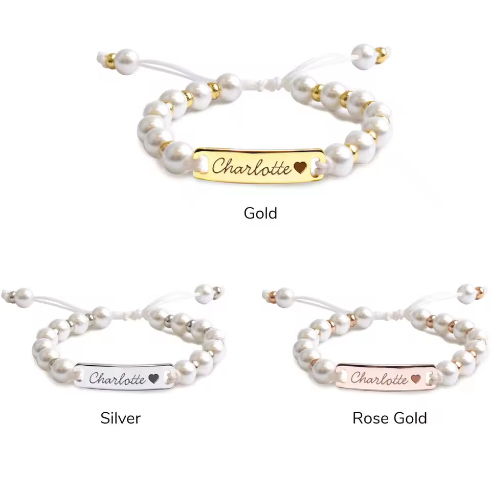 Custom Engraved Name Baby Pearl Bracelet Stainless Steel Jewelry Gold Silver