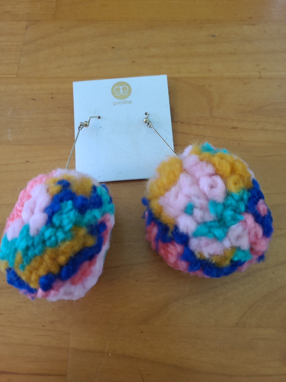 Gorjana Multicolor Pom Pom Dangle Earrings Gold Tone Knit Yarn Statement Boho