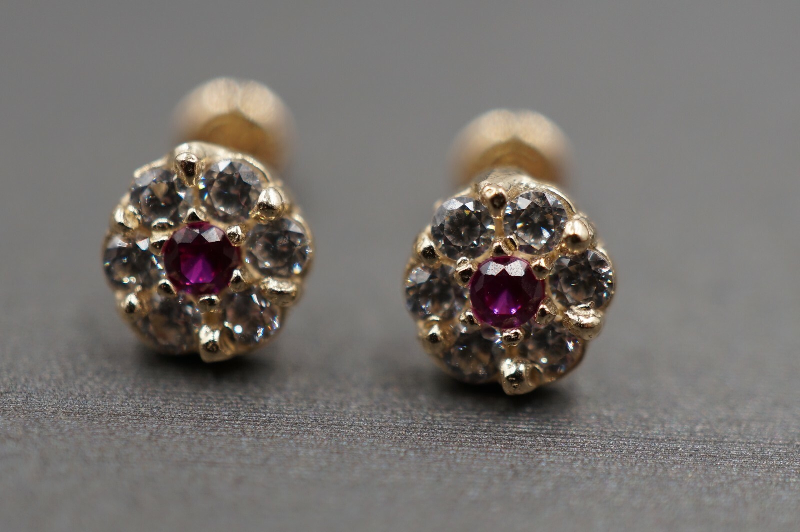 14K Solid Yellow Gold 5.8MM Small Flower CZ Safety Screw Back Stud Earrings.