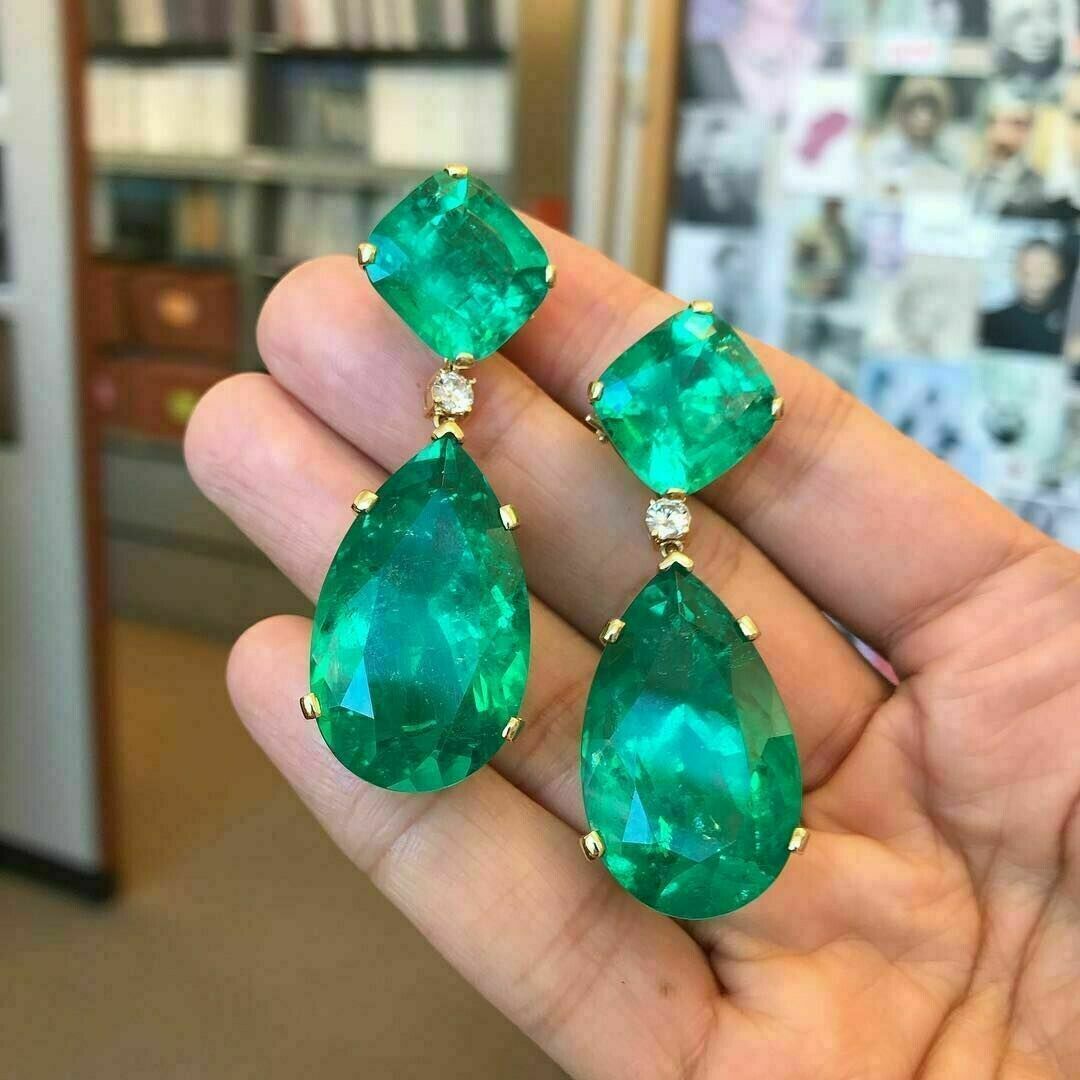 6Ct Pear Cut Simulated Green Emerald Drop/Dangle Earrings 14k Yellow Gold Finish