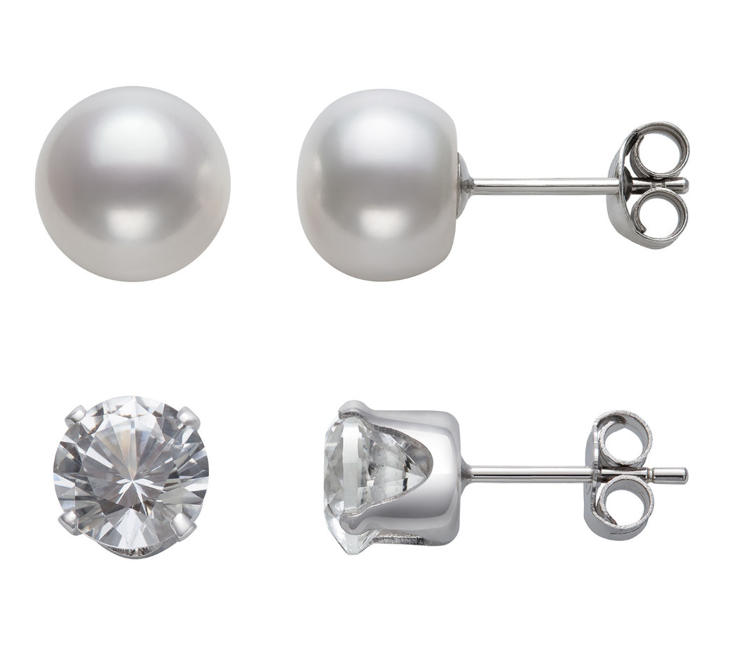 White Sapphire Lab Created & Cultured Freshwater Pearl 2 Pair Stud Earring Set