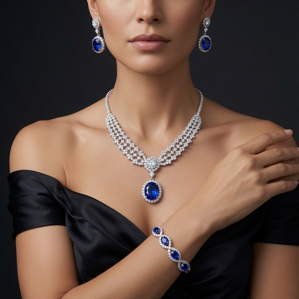 Royal Blue Jewelry Set Rhinestone Silver Blue Crystal Necklace Earring Bracelet