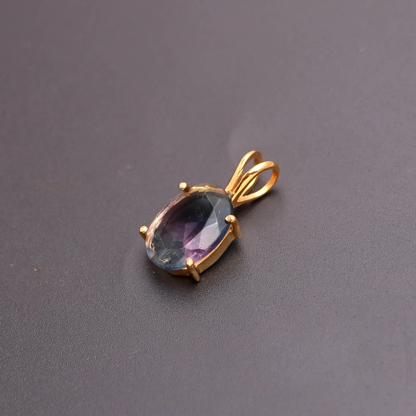 Natural Fluorite Oval Chain Pendant Gold Fill 925 Sterling Silver Unique Jewelry