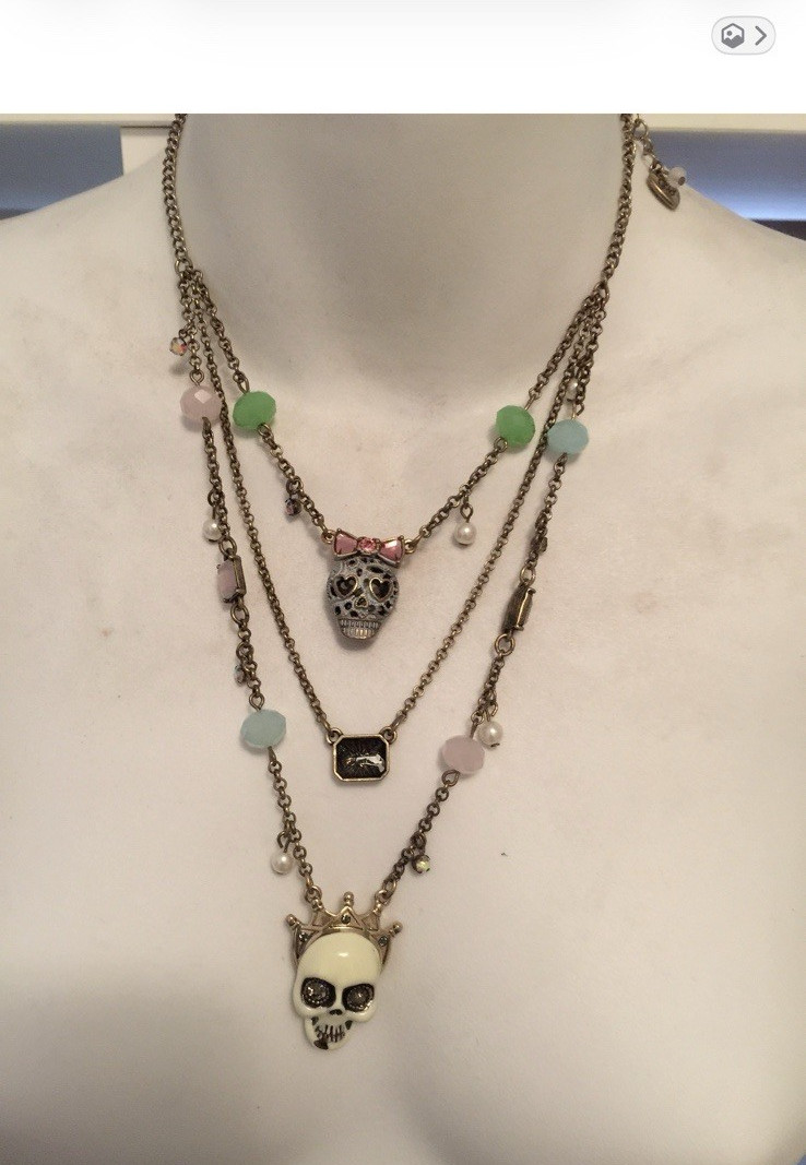 Gold Tone Layered Cable Chain Necklace Skull Charm Pendant Pearl Rhinestone
