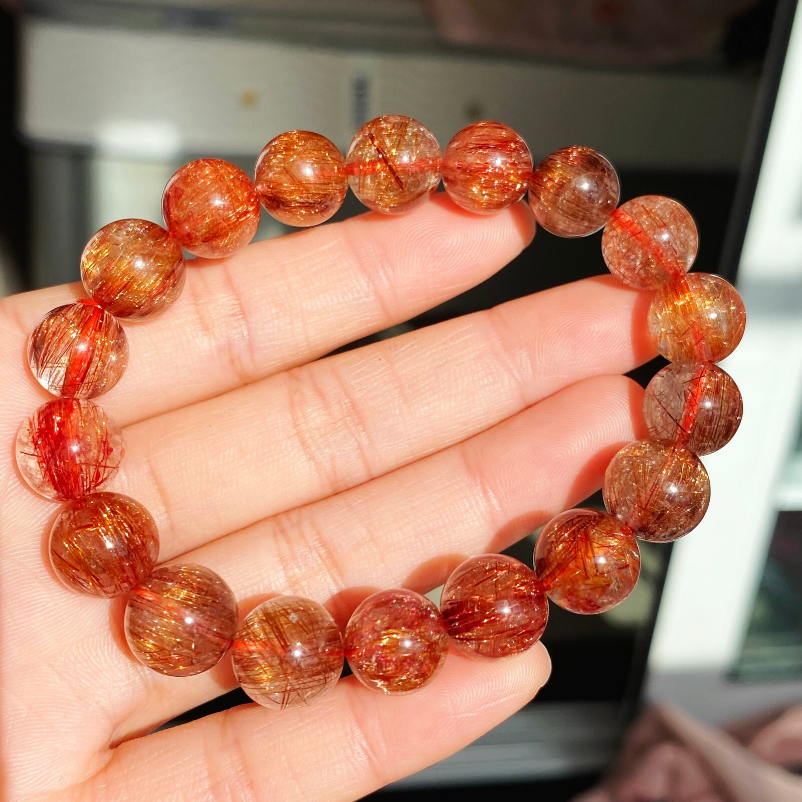 10.7-11.3mm Natural Copper Rutilated Quartz Crystal Stretch Beads Bracelet 17