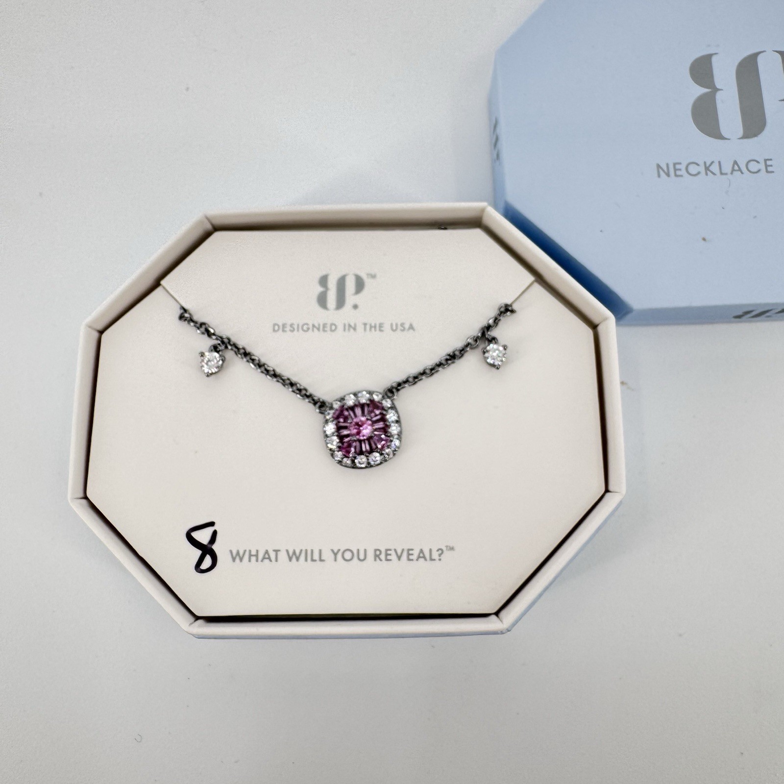 BP Bomb Party OG Necklace Fate and Fortune Pink Sapphire Hematite Plating 18″