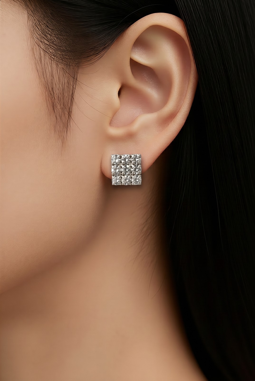 ✨ Sparkling Crystal Stud Earrings Silver Tone Square 9 Stone Rhinestone Earrings