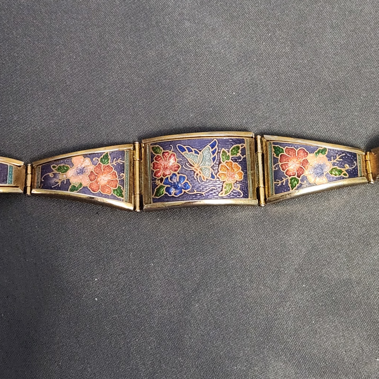 Vintage Chinese Cloisonne Enamel Panel Link Bracelet Butterfly Floral Purple