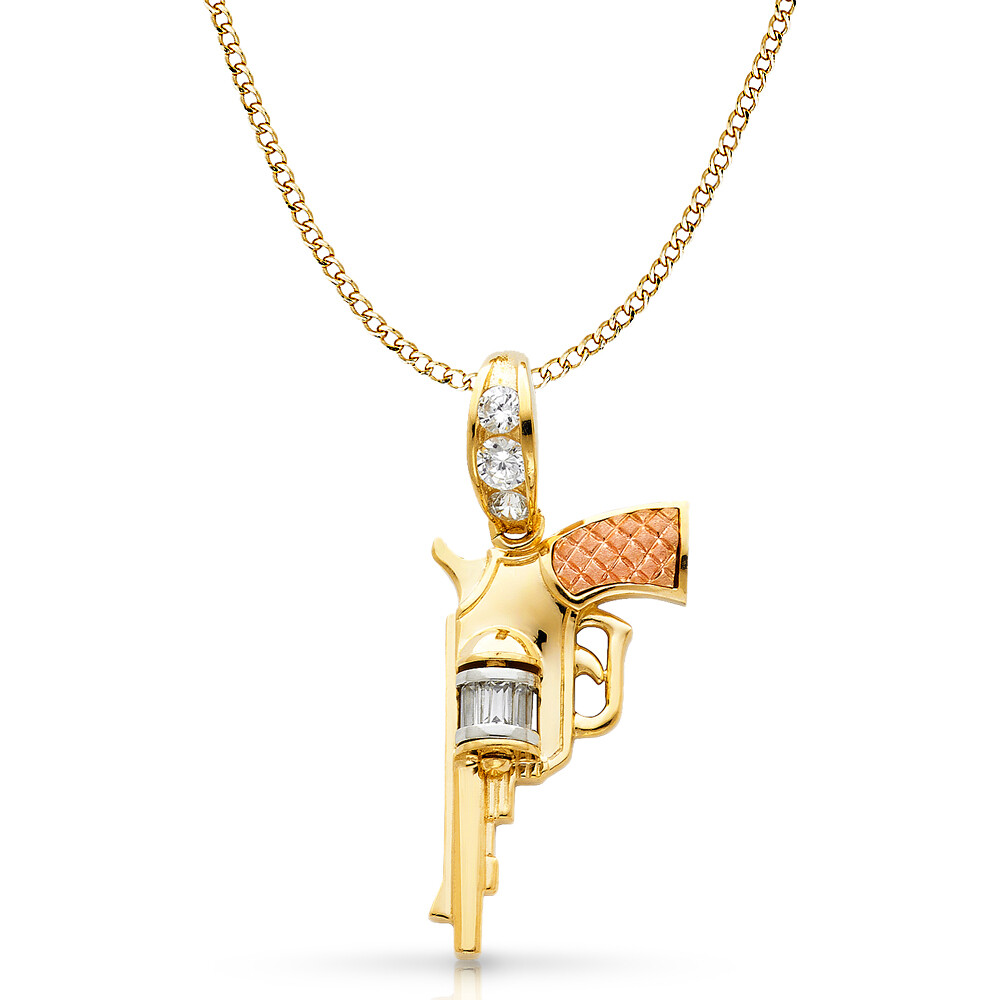 14K Tri Color Gold Pistol Gun Charm Pendant & 4.9mm Hollow Cuban Chain Necklace