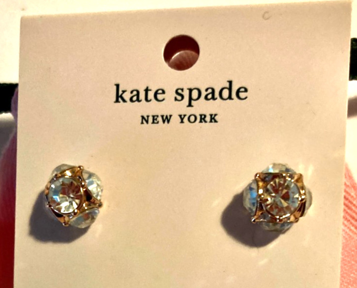 Kate Spade Gold Tone Crystal Lady Marmalade Stud Earrings With Pink Bag