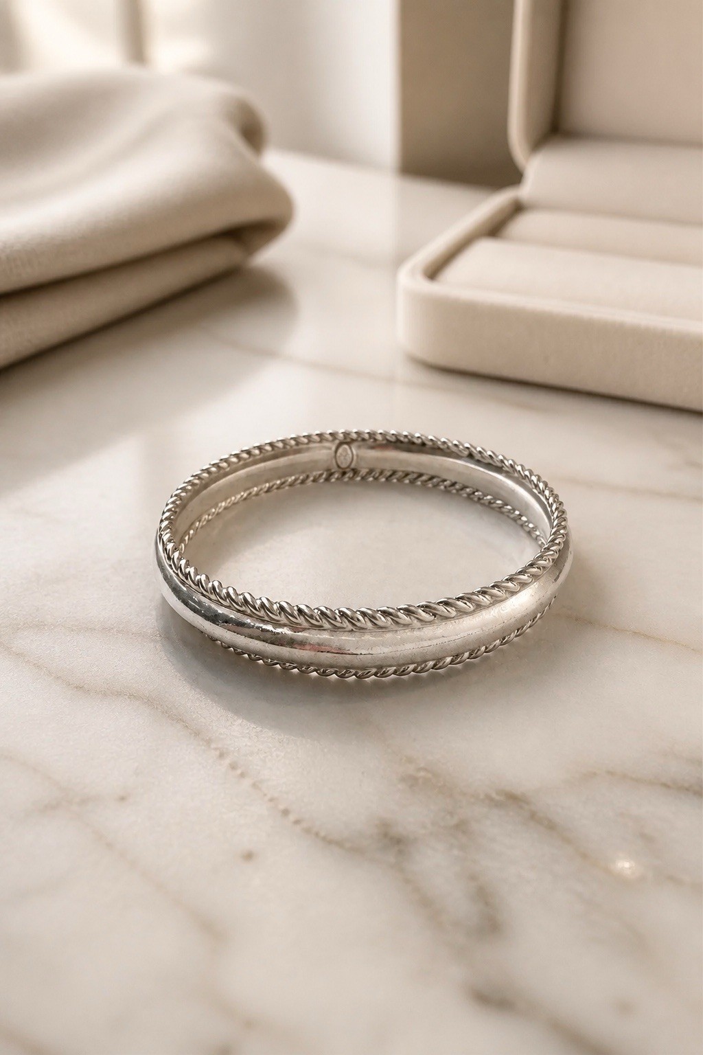 Premier Designs Silvertone Bangle Bracelet Twisted Rope Border – 1.6oz