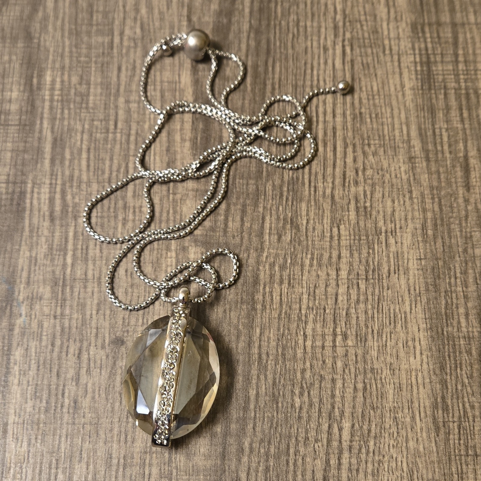 Oval Clear Crystal Pendant Necklace Silver Tone Ball Chain Channel-Set