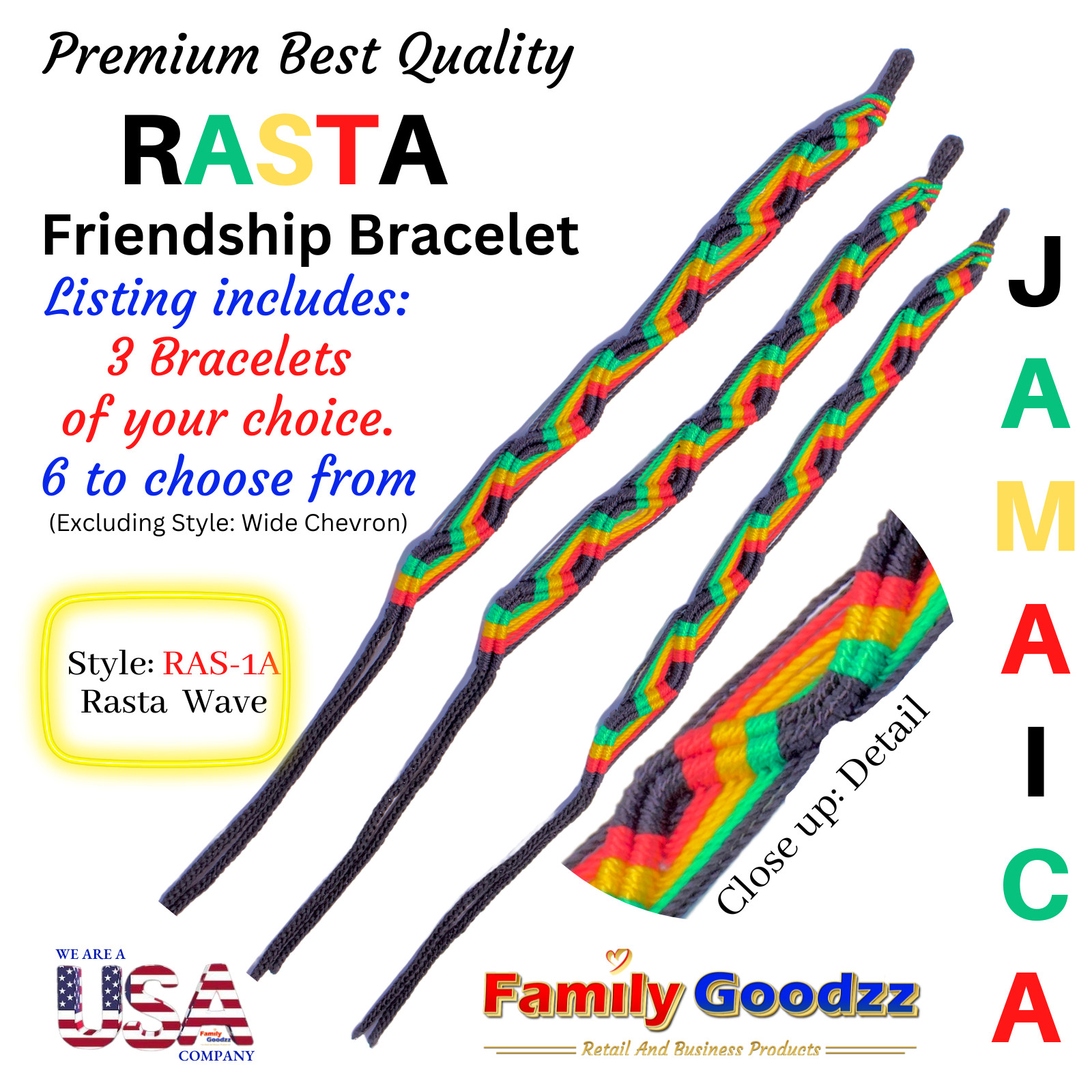 🌈 Threaded Hand Woven Rainbow Friendship Bracelet Bob Marley Rasta, USA (3 pcs)