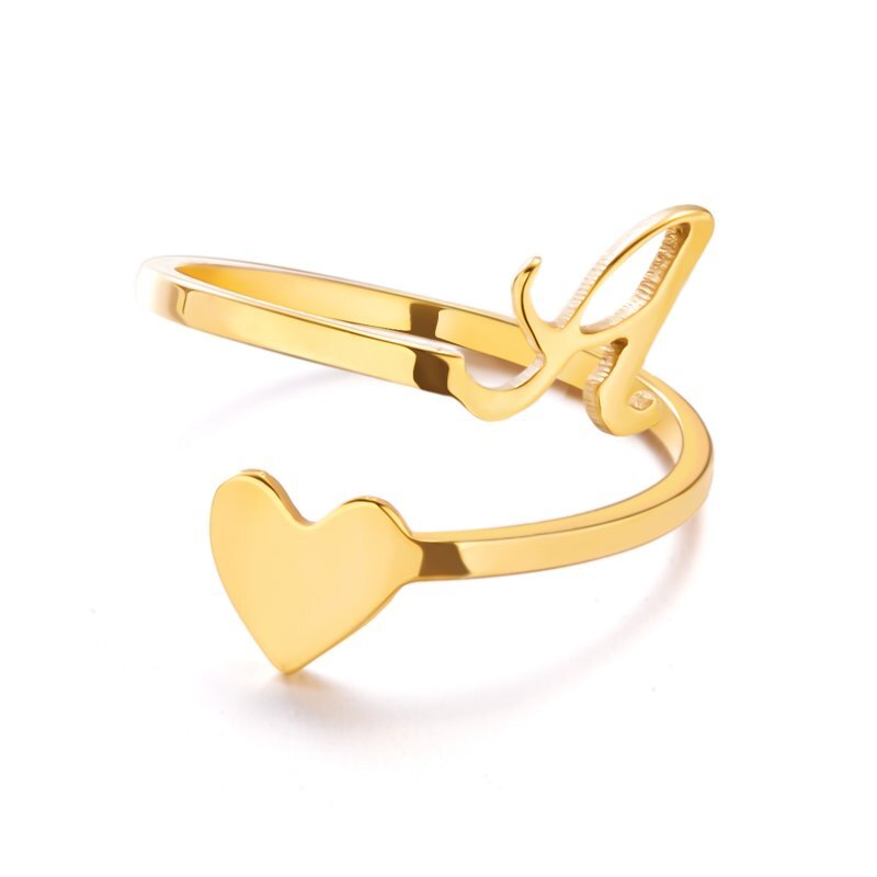 Stainless Steel 26 A-Z Initial Letters Heart Ring Adjustable Jewerly Women Gift