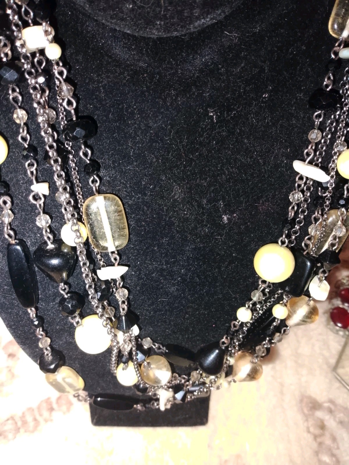 Multi-Strand Layered Glass Beaded Cable Chain Necklace Black White Silver
