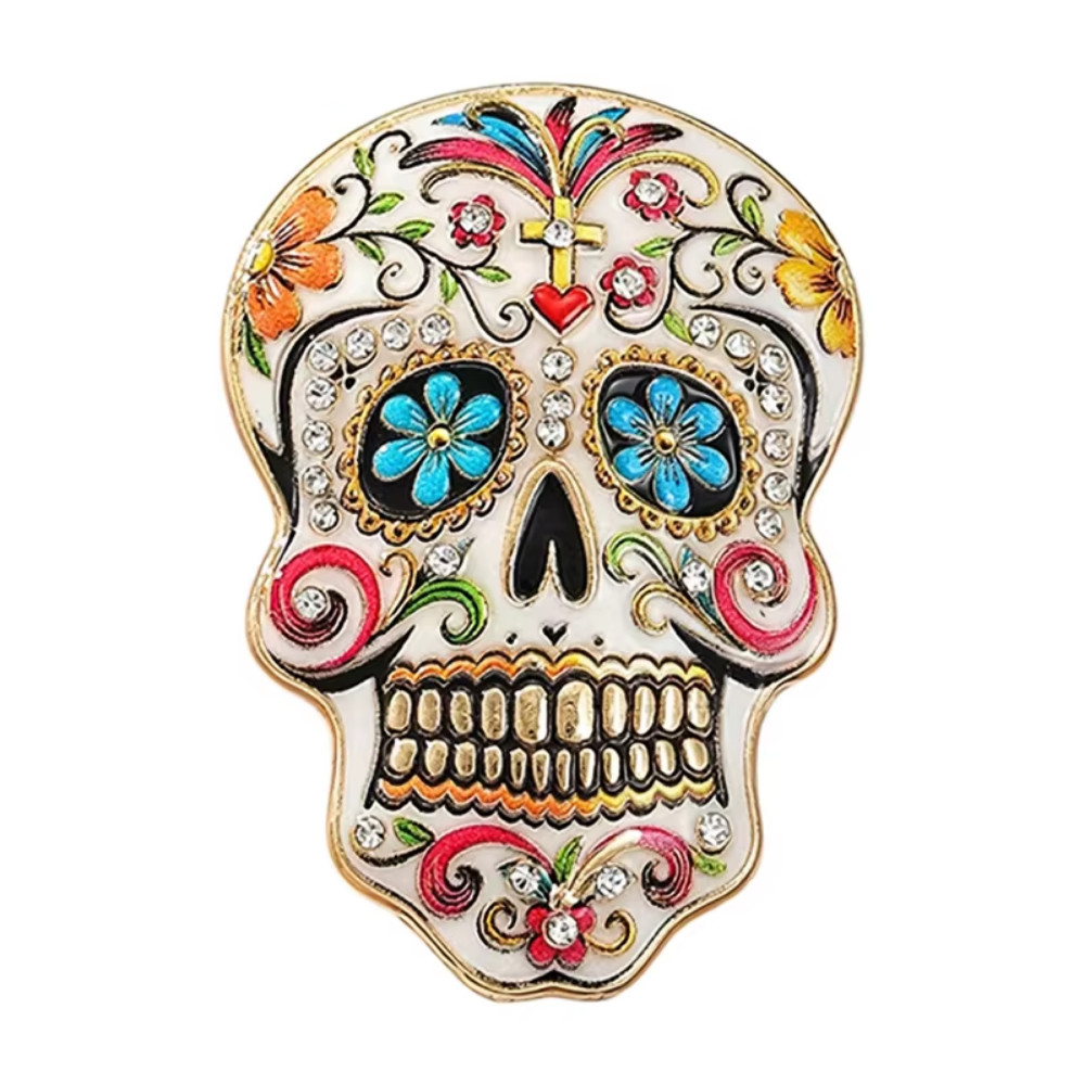 Halloween Sugar Skull Brooch Pin Vintage Gold Crystal Gothic Statement Jewelry