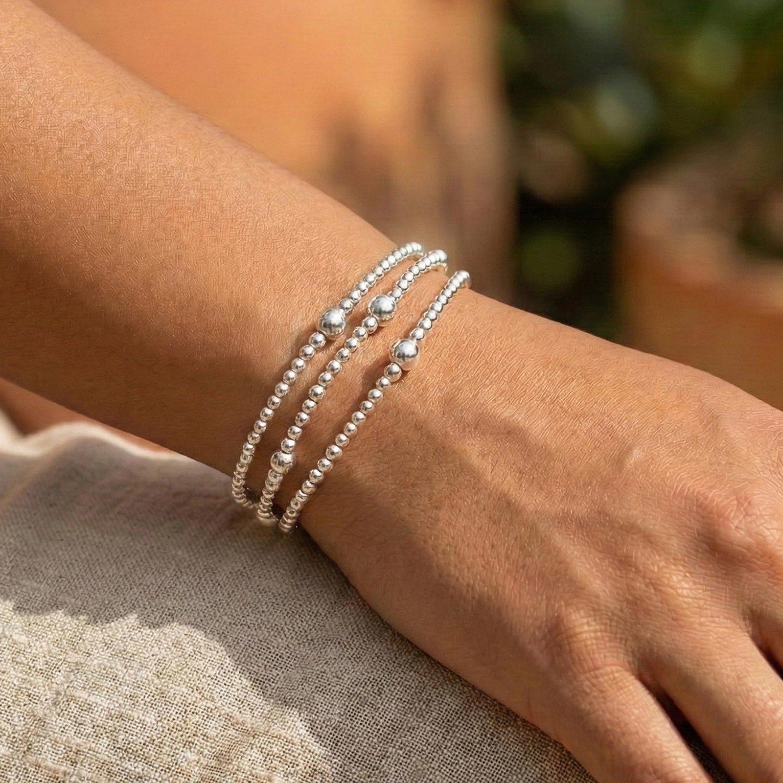 Silver Beaded Stretch Bracelet Set, 3PCS Stainless Steel Layered Jewelry for