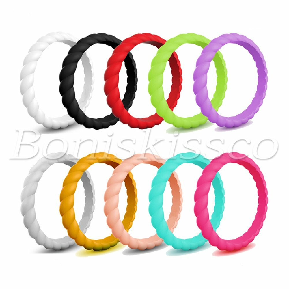 10pcs Women’s 3mm Twist Silicone Band Rings Rubber Promise Engagement Wedding