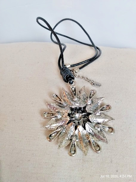 Silver Tone Flower Brooch Corded Necklace Hang Tag-Elisa