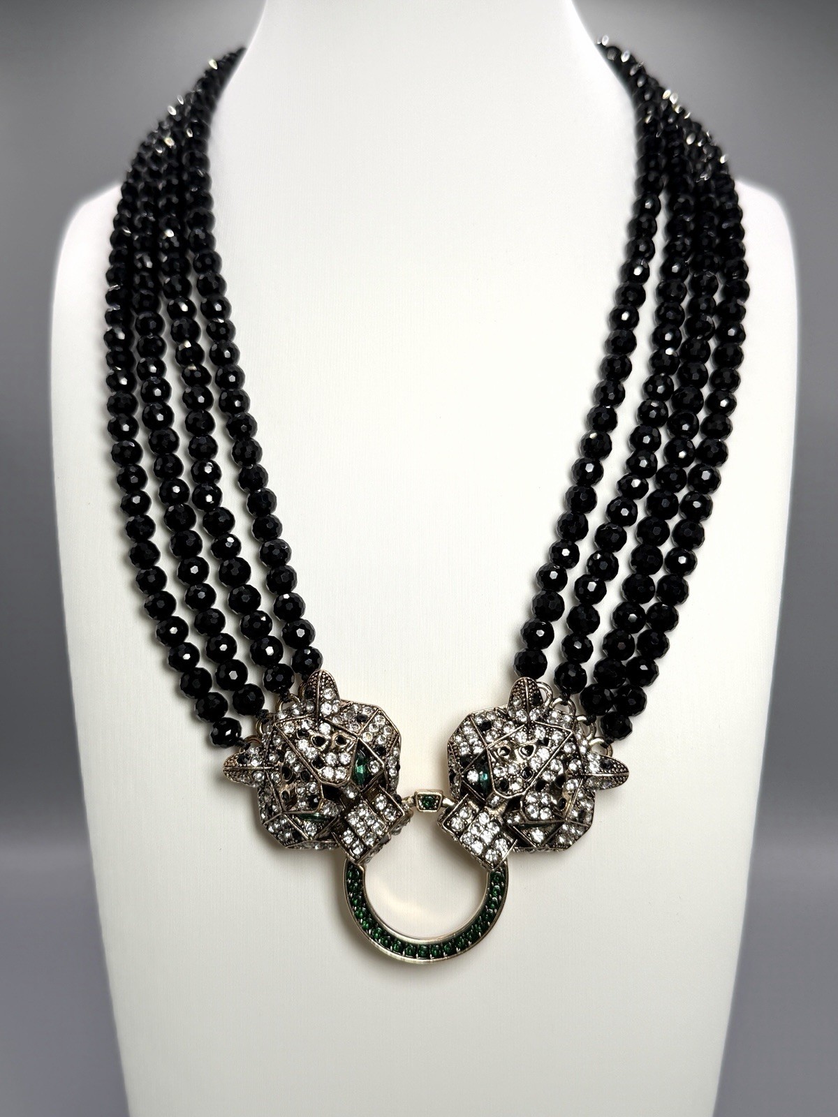 Natasha Double Leopard Panther Head Black Beaded Statement Necklace Rhinestone