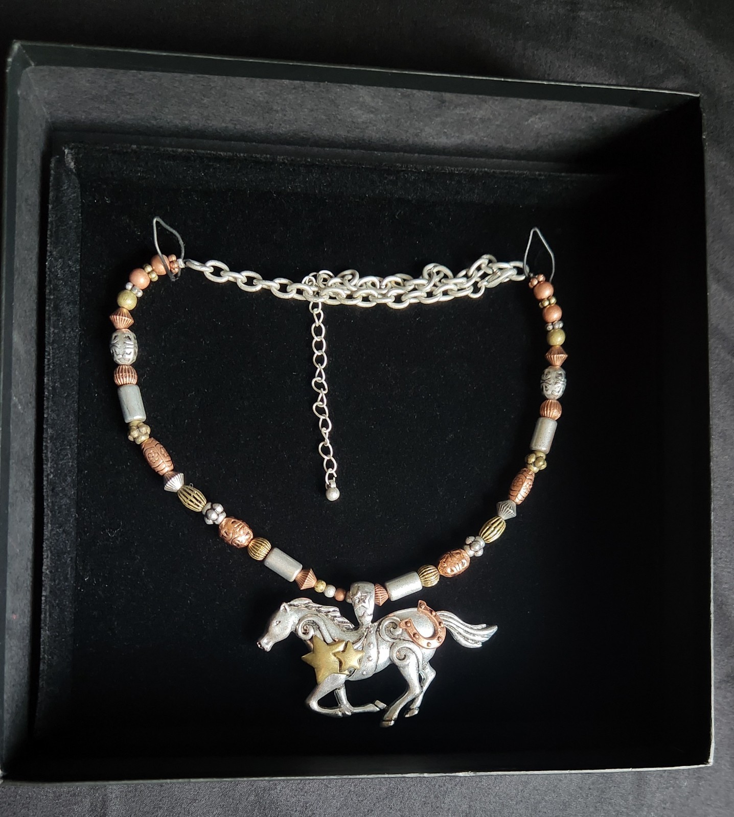 Beaded Copper/Silver Tone Whimsical Horse Necklace, Boxed