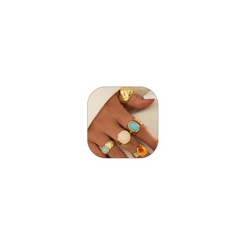 Chunky Gold Gemstone Ring Set for Women Adjustable Stackable Statement A-Gold