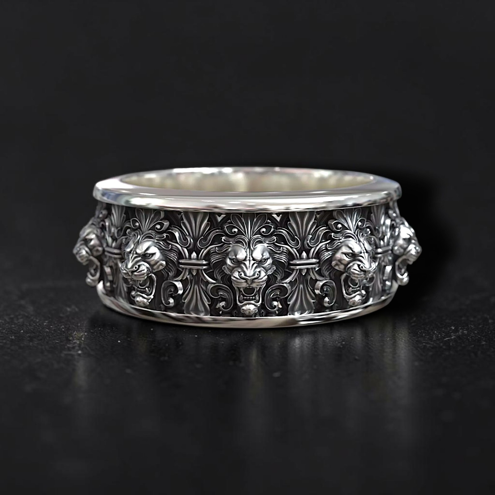Sterling Silver Lion Head Ring: Victorian Gothic Band for Men