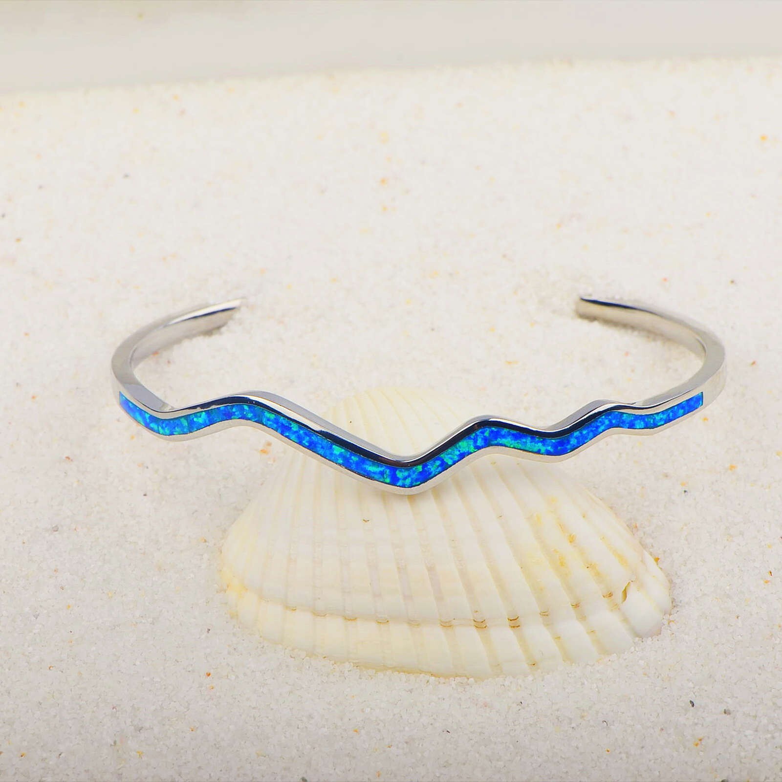 Hawaii Blue Opal Waves Cuff Bangles 925 Sterling Sliver Jewelry For Women Girls