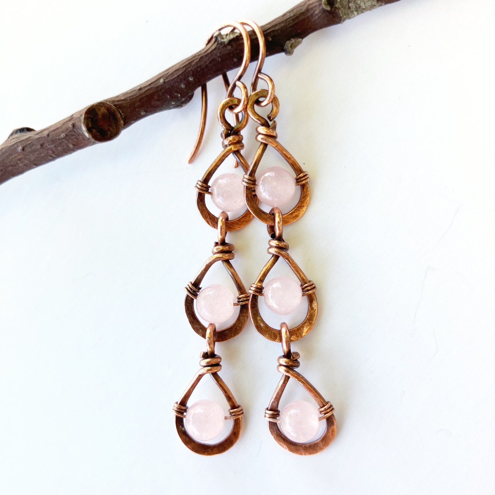 Wire Wrapped Teardrop Dangle Earrings Boho Pink Stones Rose Quartz Long Copper