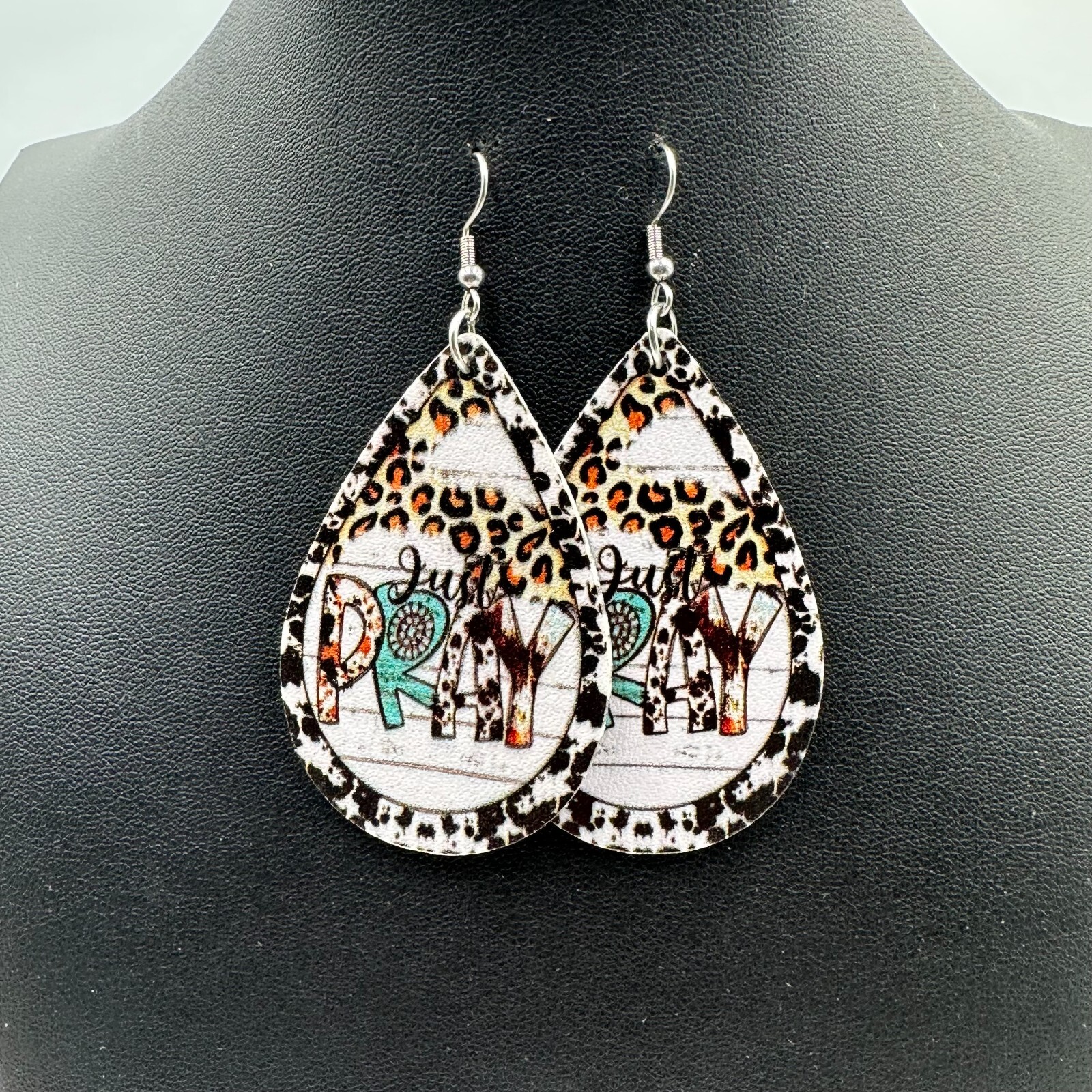 Just Pray Earrings Teardrop Vinyl Animal Print Leopard Western Boho Faith 2.5″