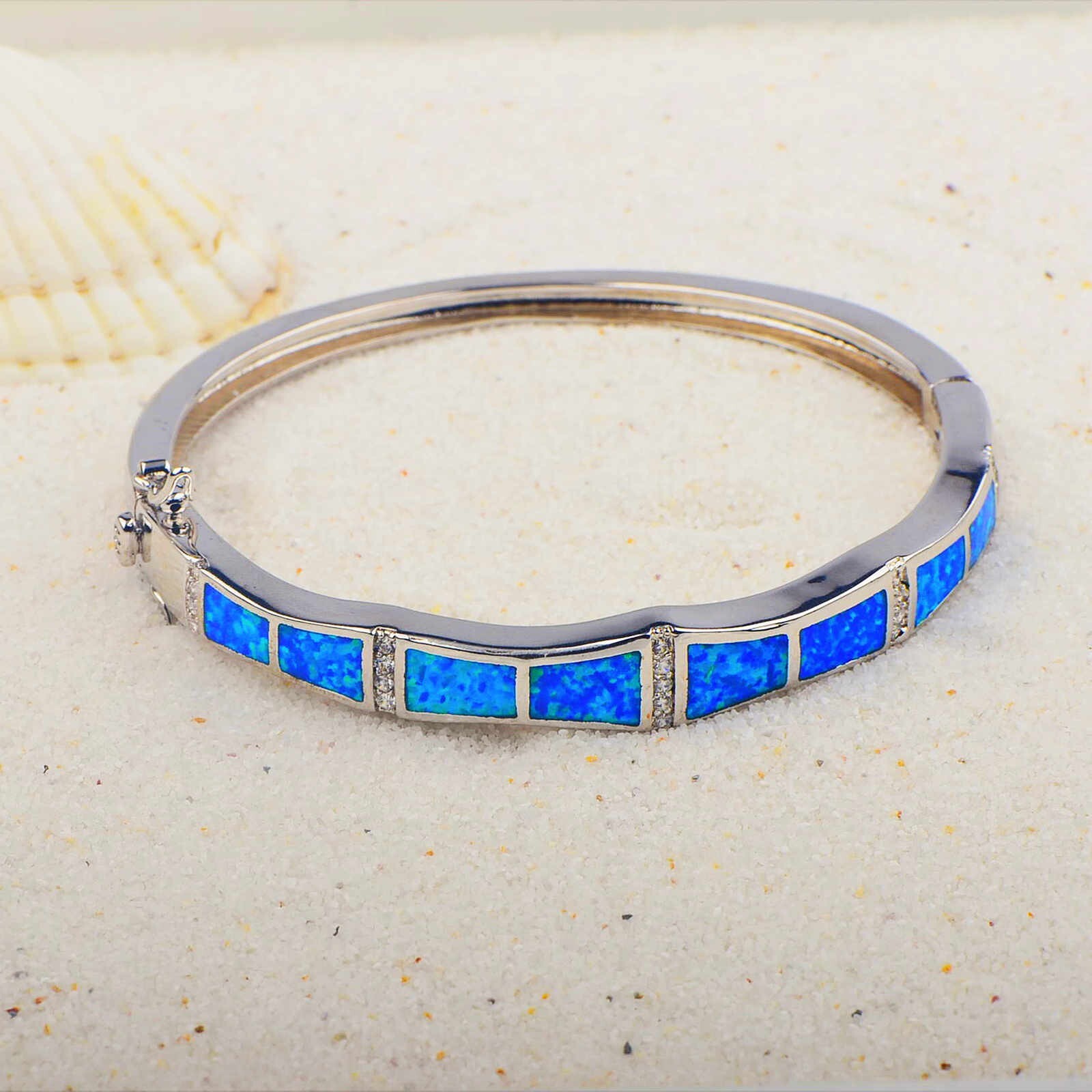 Hawaii Blue Opal Bar Cuff Bangles 925 Sterling Sliver Jewelry For Women Girls