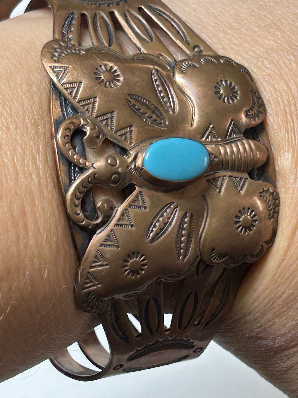 Vintage Bell Copper Butterfly Cuff Bracelet w/ Turquoise Cabochon 7” Hand