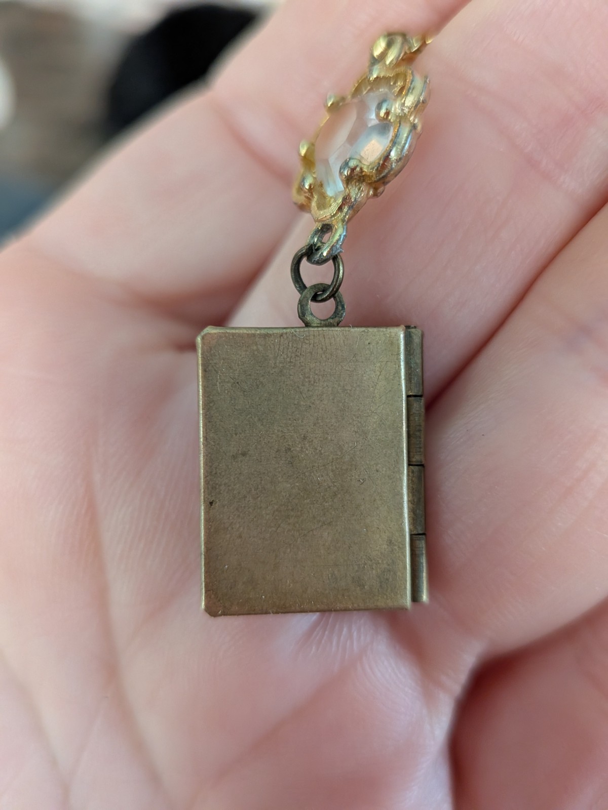 Vintage Brass Book Locket Necklace Cat Eye Glasses Charm Novelty Librarian
