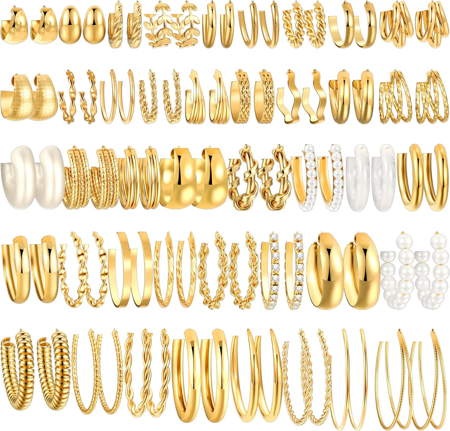 42 Pairs Gold Hoop Earrings Set for Women, Fashion Chunky Pearl Earrings Multipa
