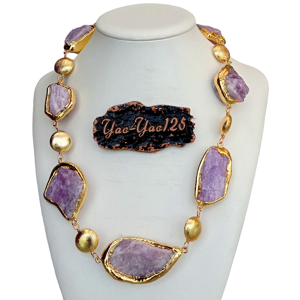 20″ Natural Pink Kunzite Rough Raw Gold Plated Edge Brushed Bead Necklace