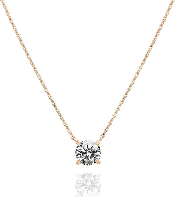 18K Gold Vermeil CZ Dainty Solitaire Necklace 1.5 Carat 7.3mm Choker Rose Gold