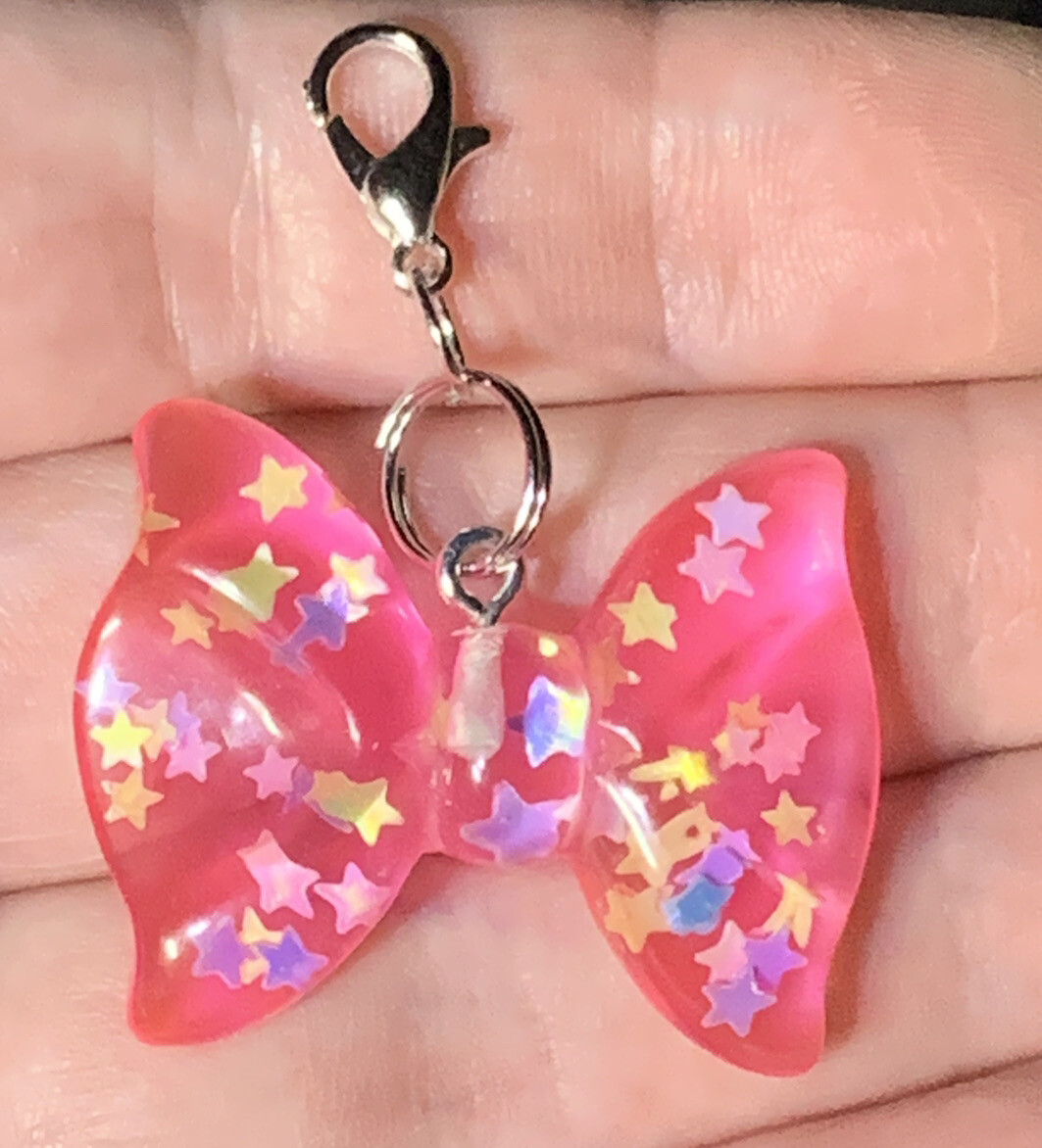 Large Hot Pink Bow Stars Inside Charm Zipper Pull & Keychain Add On Clip!!