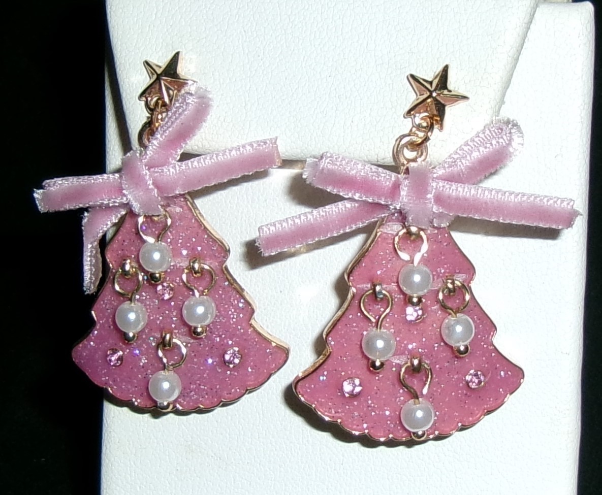 Pink Christmas Tree Earrings Pink Glittery Enamel Faux Pearls Stones NEW