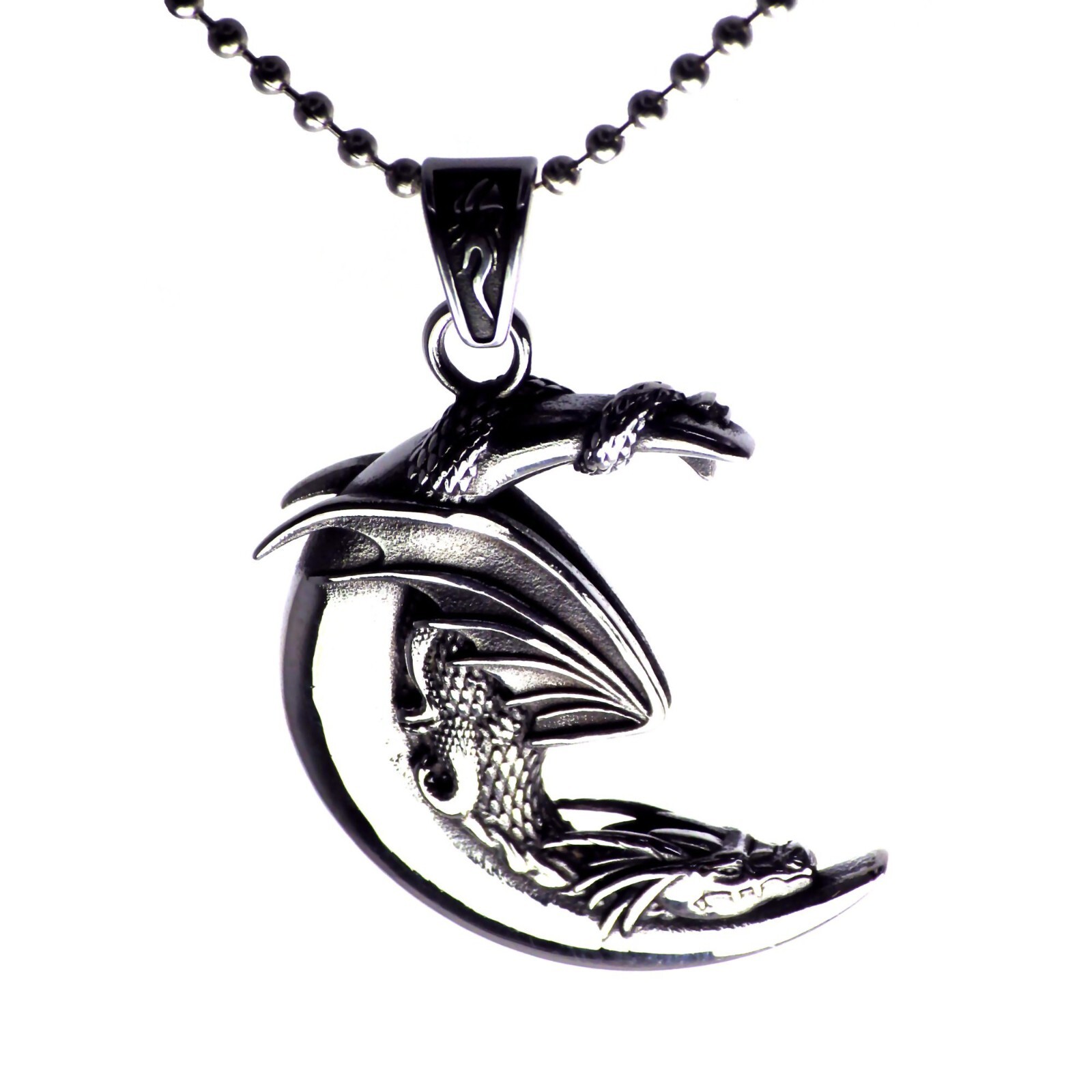 Fantasy Dragon Necklace Silver Stainless Steel Crescent Moon Draco Pendant Chain