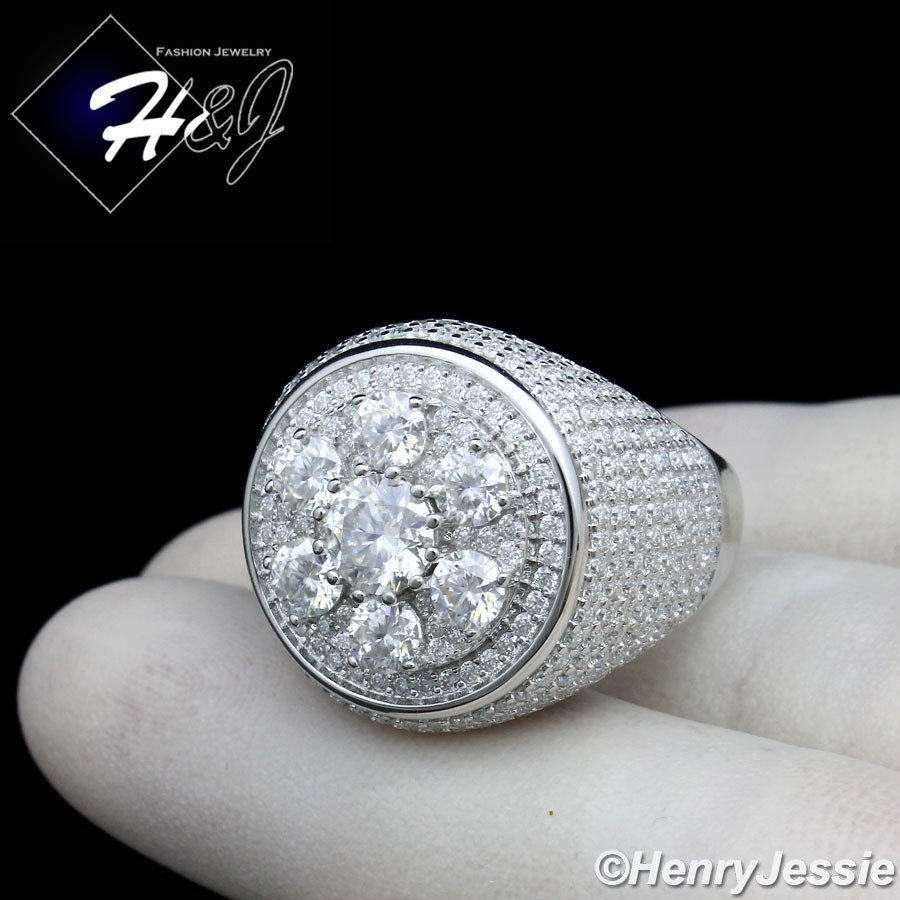 MEN SOLID 925 STERLING SILVER ICY BLING CUBIC ZIRCONIA HIPHOP RHOMBUS RING*SR191